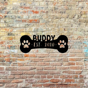 dog bone sign with custom dog name and year date