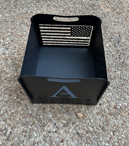 Custom metal firepit with USA Flag and Monogram