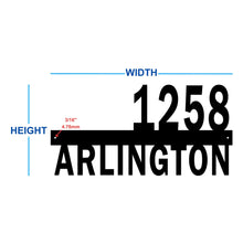 Load image into Gallery viewer, custom home address line sign with house numbers and street name dimension