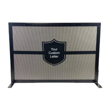 Load image into Gallery viewer, Customized Personalized Fireplace screen with custom letter in the middle of a crest custom letter ordering guide