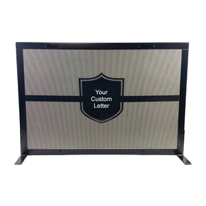 Customized Personalized Fireplace screen with custom letter in the middle of a crest custom letter ordering guide