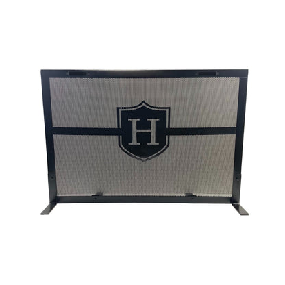 Customized Personalized Fireplace screen with custom letter in the middle of a crest with handles