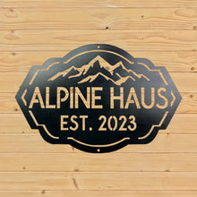 Load image into Gallery viewer, Personalized Mountain Range Sign With Alpine House and Established date