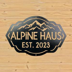 Personalized Mountain Range Sign With Alpine House and Established date