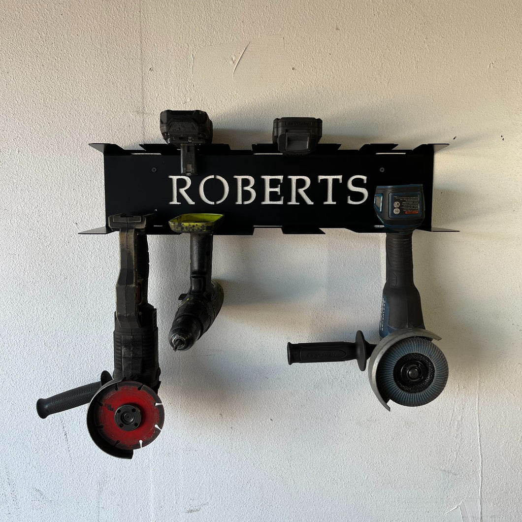 staged power tool holder mounted on a wall