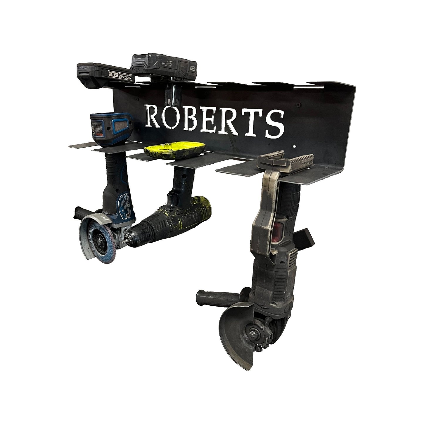 white background power tool holder staged with custom name 