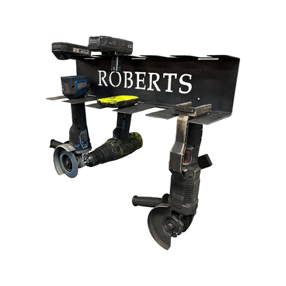 white background power tool holder staged with custom name 