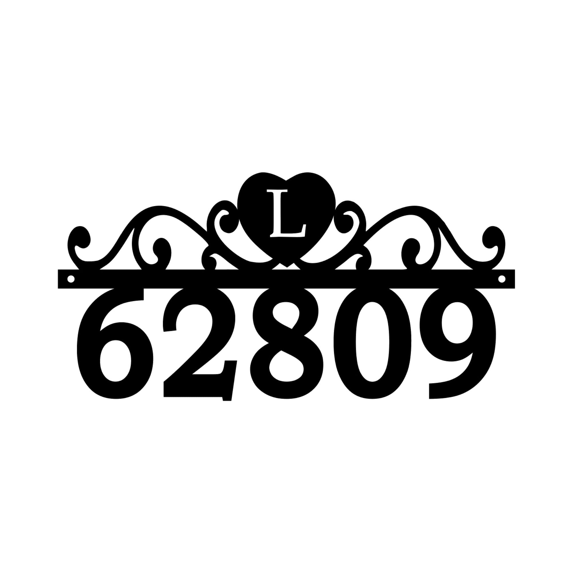 five number house address metal sign with letter in a heart