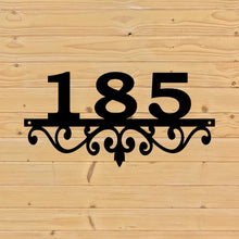 Load image into Gallery viewer, three number scroll wall mounted metal address sign 