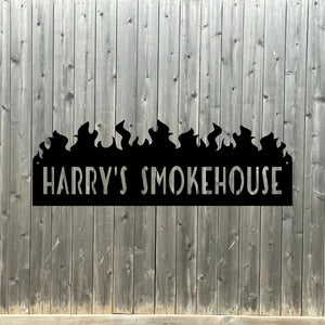 custom smokehouse sign with flames name for grill master outdoor powder coat sign metal