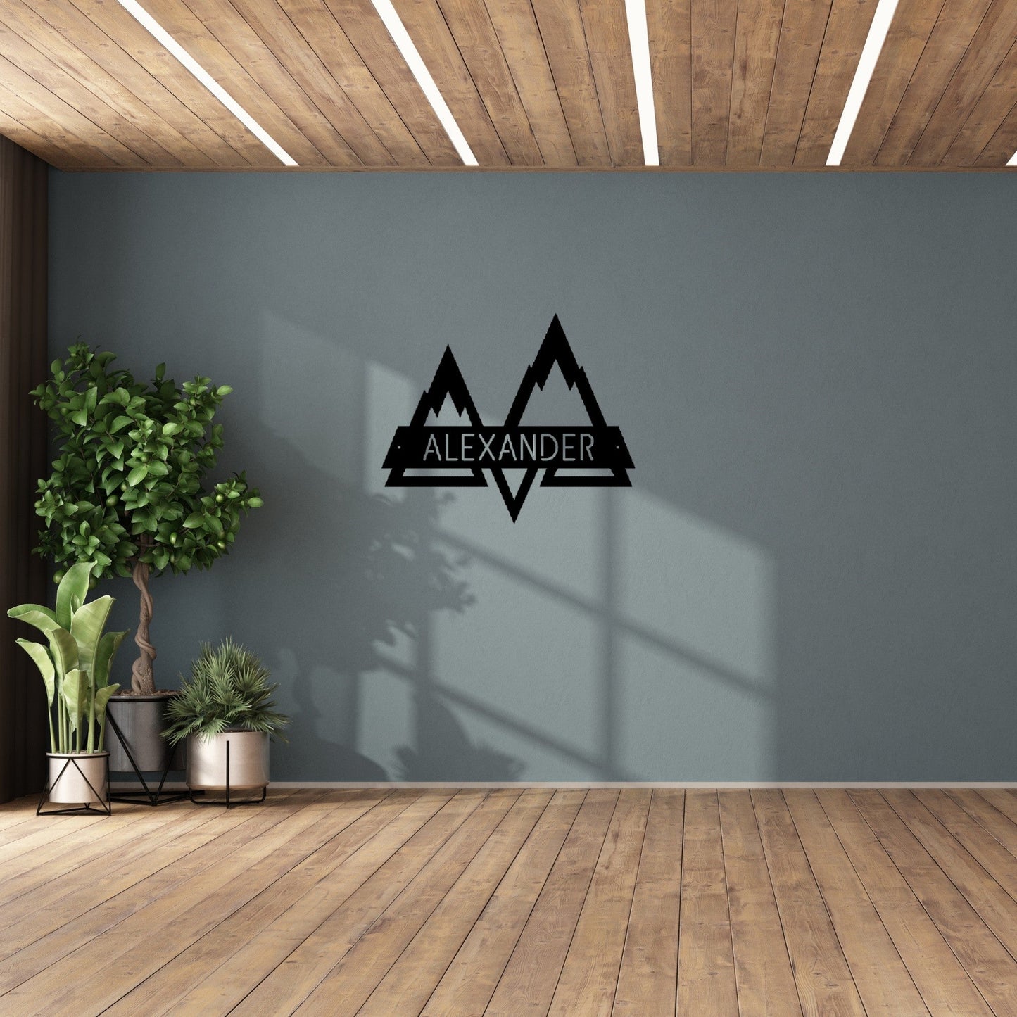 split mountain custom name sign with mountains wall mounted indoor sign